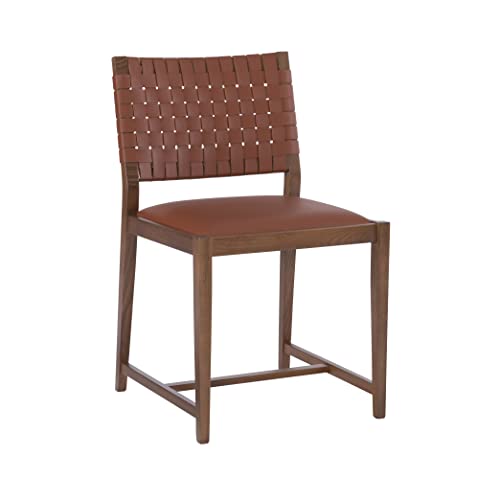 Linon Warm Brown Wood Upholstered Seat and Woven Leather Back Cleary Side Chair