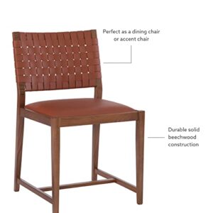 Linon Warm Brown Wood Upholstered Seat and Woven Leather Back Cleary Side Chair