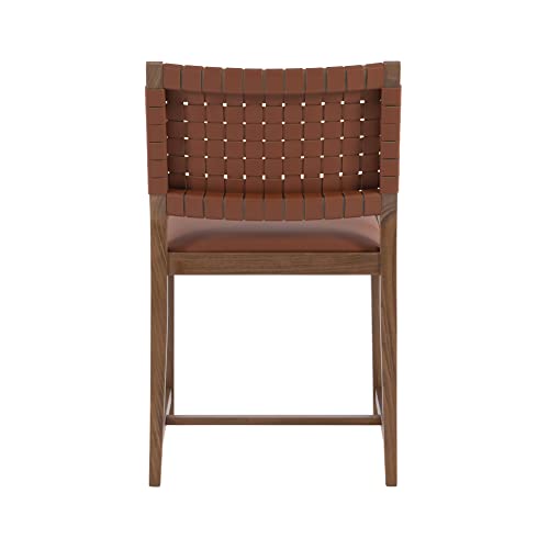 Linon Warm Brown Wood Upholstered Seat and Woven Leather Back Cleary Side Chair