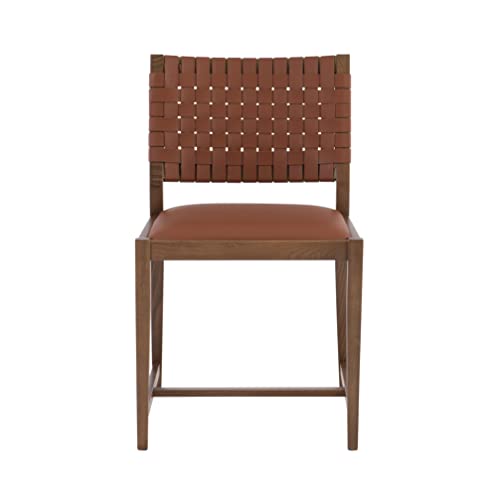 Linon Warm Brown Wood Upholstered Seat and Woven Leather Back Cleary Side Chair