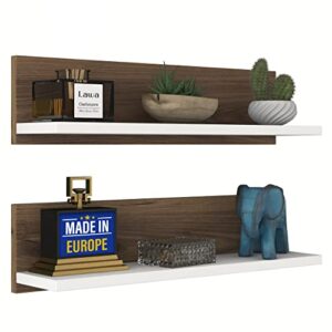 lawa furniture floating wall shelves, set of 2, 23.6" long, modern design with 3 color variations, european quality, ideal wall mounted shelves for home and office (walnut - white)