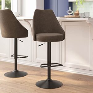 flash furniture chrishelle set of 2 commercial adjustable height bar stools - brown leathersoft tufted upholstery - pedestal base - integrated footring