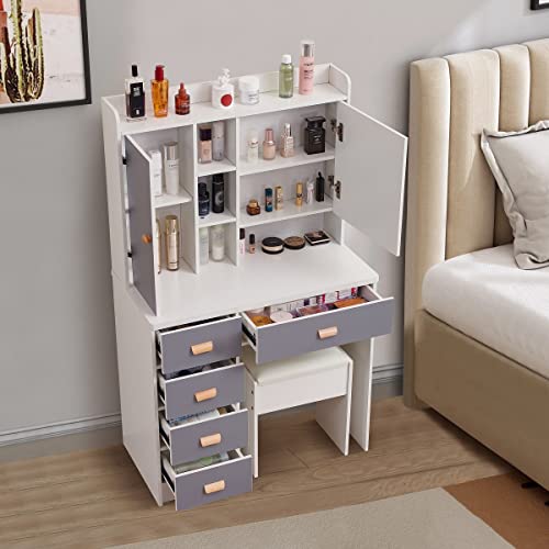 Large Makeup Vanity with Mirror 5 Drawers & Hide Cabinet,Storage Stool,for Girls/Women Bedroom, White