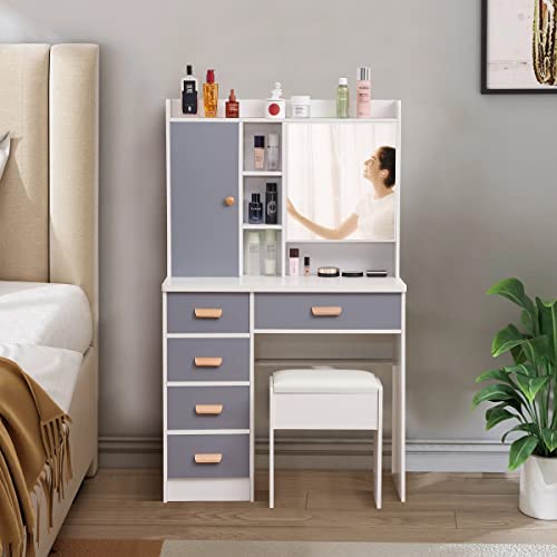 Large Makeup Vanity with Mirror 5 Drawers & Hide Cabinet,Storage Stool,for Girls/Women Bedroom, White