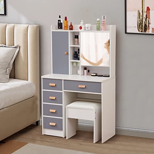 Modern White Makeup Table with Mirror 5 Drawers & Hide Cabinet,Storage Stool,for Girls/Women Bedroom