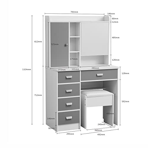 Modern White Makeup Table with Mirror 5 Drawers & Hide Cabinet,Storage Stool,for Girls/Women Bedroom