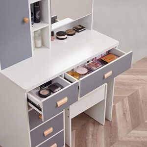 Modern White Makeup Table with Mirror 5 Drawers & Hide Cabinet,Storage Stool,for Girls/Women Bedroom