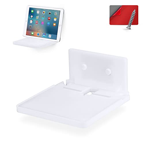 BRAINWAVZ [EOL] 6.5" Floating Shelf with Tablet & Phone Wall Mount Holder Ideal for Bedside, Kitchens, Bathrooms, Can Also Hold Books, Plants, Cameras & Speakers - Adhesive & Screw-in (White) [EOL]