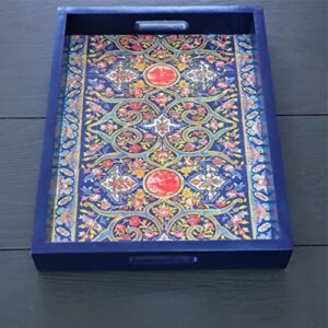 Decorative Tray Vintage Wooden Trays Blue Centerpiece Tray Coffee Table Tray Bohemian Handmade Serving Tray Large Tray Dining Table Decor Wood Trays Coffee Trays New Home Warming Gifts – 16x12x2”