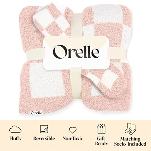 Orelle “Cream Puff” - Soft Knit Checkered Throw Blanket & Socks - Cozy Pink Checkered Blanket Throw - Fluffy Checkerboard Blanket - Aesthetic Cute Checker Blanket Checkered Decor - Puff Pink. 55x67