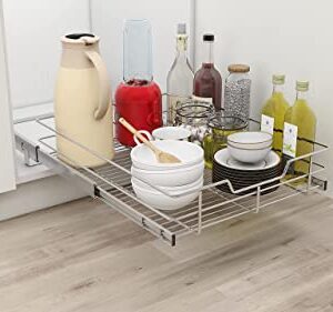 Pull Out Cabinet Organizer - Slide Out Under Cabinet Basket for Kitchen, Bathroom, Pantry Heavy Duty Slide Out Shelves, Requires At Least 18” Cabinet Opening (17.6W x 22D x 5.5H inch, Chrome)