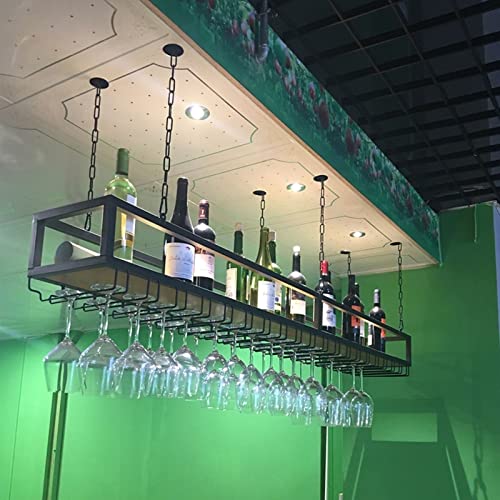 Ceiling Wine Glass Rack - Hanging Wine Rack with Glass Holder and Shelf, Height Adjustable Industrial Hanging Wine Bottle Holder, Black Metal Ceiling Shelf for Bar Cafe Kitchen (47.2×9.8×8.6in)