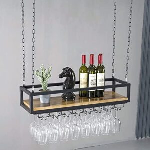 Ceiling Wine Glass Rack - Hanging Wine Rack with Glass Holder and Shelf, Height Adjustable Industrial Hanging Wine Bottle Holder, Black Metal Ceiling Shelf for Bar Cafe Kitchen (47.2×9.8×8.6in)