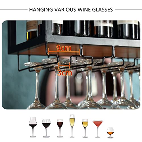 Ceiling Wine Glass Rack - Hanging Wine Rack with Glass Holder and Shelf, Height Adjustable Industrial Hanging Wine Bottle Holder, Black Metal Ceiling Shelf for Bar Cafe Kitchen (47.2×9.8×8.6in)