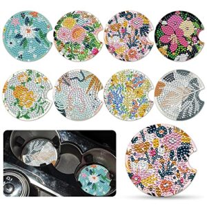 8 pcs diamond painting coasters, flowers diamond art car coasters for cup holder, 2.8 inches flowers diamond art coasters for drinks, small diamond painting kits supplies, diy crafts for adults kids