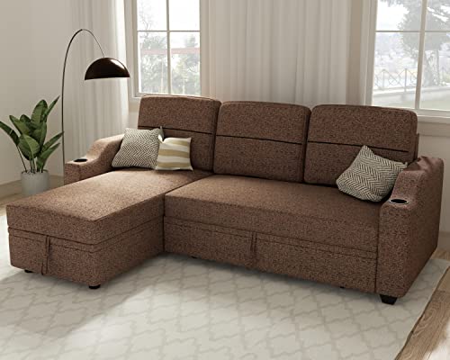 Ucloveria Reversible Sectional Sofa Couch, 82" Sleeper Sofa Bed with Storage Chaise Pull Out Couch Bed for Living Room L-Shape Lounge 2 in 1 Sectional Couch with Cup Holder, Yellow Brown