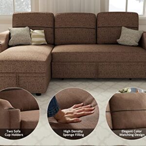 Ucloveria Reversible Sectional Sofa Couch, 82" Sleeper Sofa Bed with Storage Chaise Pull Out Couch Bed for Living Room L-Shape Lounge 2 in 1 Sectional Couch with Cup Holder, Yellow Brown