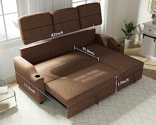 Ucloveria Reversible Sectional Sofa Couch, 82" Sleeper Sofa Bed with Storage Chaise Pull Out Couch Bed for Living Room L-Shape Lounge 2 in 1 Sectional Couch with Cup Holder, Yellow Brown