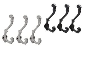 wall hooks, cast iron, rustic chic shabby vintage style, farmhouse decor, clothes hanging idea for hats, coats, scarves, bags closets, rustic key hooks, (set of 3) (distress white) & black