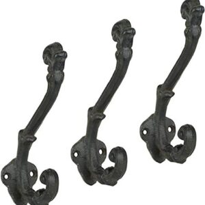 Wall Hooks, Cast Iron, Rustic Chic Shabby Vintage Style, Farmhouse Decor, Clothes Hanging Idea for Hats, Coats, Scarves, Bags Closets, Rustic Key Hooks, (Set of 3) (Distress White) & Black