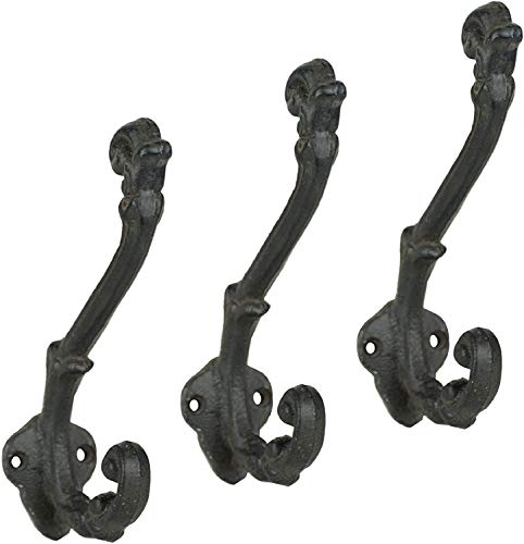 Wall Hooks, Cast Iron, Rustic Chic Shabby Vintage Style, Farmhouse Decor, Clothes Hanging Idea for Hats, Coats, Scarves, Bags Closets, Rustic Key Hooks, (Set of 3) (Distress White) & Black