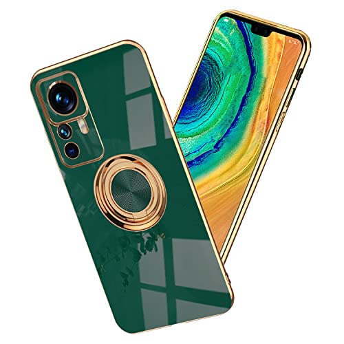 Compatible with Xiaomi 12T Pro Case with Ring Holder Magnet Silicone, Xiaomi 12T Pro Phone Case Xiaomi 12T Case Silicone Thin White Cover Black 360° Rotatable Metal Kickstand (Dark Green)