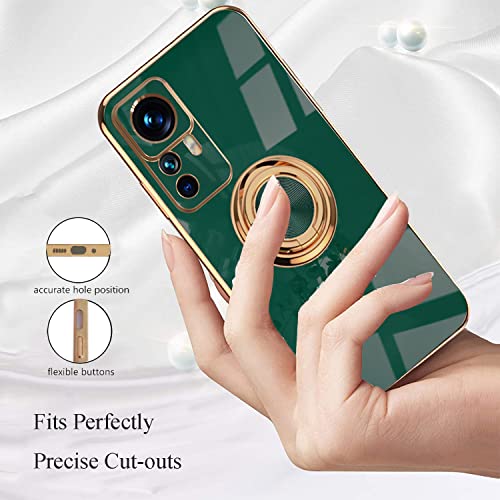 Compatible with Xiaomi 12T Pro Case with Ring Holder Magnet Silicone, Xiaomi 12T Pro Phone Case Xiaomi 12T Case Silicone Thin White Cover Black 360° Rotatable Metal Kickstand (Dark Green)