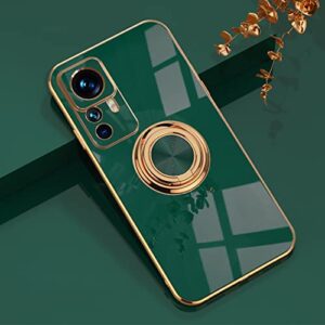 Compatible with Xiaomi 12T Pro Case with Ring Holder Magnet Silicone, Xiaomi 12T Pro Phone Case Xiaomi 12T Case Silicone Thin White Cover Black 360° Rotatable Metal Kickstand (Dark Green)