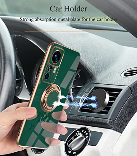 Compatible with Xiaomi 12T Pro Case with Ring Holder Magnet Silicone, Xiaomi 12T Pro Phone Case Xiaomi 12T Case Silicone Thin White Cover Black 360° Rotatable Metal Kickstand (Dark Green)