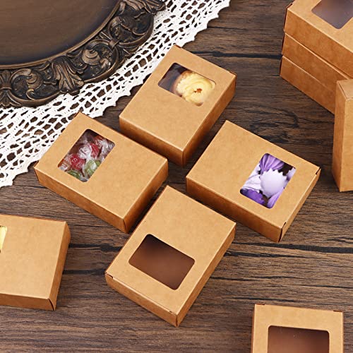 PINKXHY 100 PCS Mini Kraft Paper Box with Square Window Soap Packaging Boxes Craft Cardboard Present Box for Homemade Soap Favor Treat Bakery Candy, 3.5 x 2.6 x 1.2 Inch (Brown)