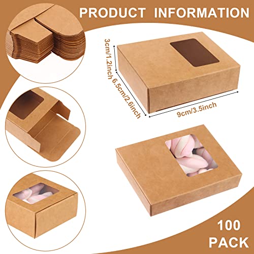 PINKXHY 100 PCS Mini Kraft Paper Box with Square Window Soap Packaging Boxes Craft Cardboard Present Box for Homemade Soap Favor Treat Bakery Candy, 3.5 x 2.6 x 1.2 Inch (Brown)