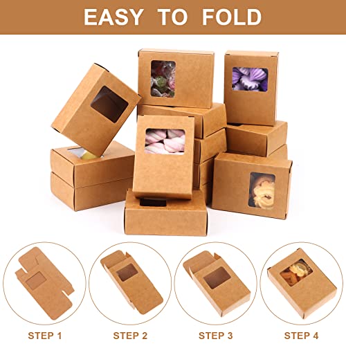 PINKXHY 100 PCS Mini Kraft Paper Box with Square Window Soap Packaging Boxes Craft Cardboard Present Box for Homemade Soap Favor Treat Bakery Candy, 3.5 x 2.6 x 1.2 Inch (Brown)