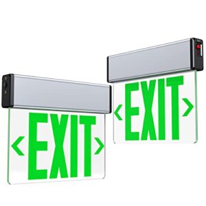 LED Edge Lit Exit Sign Aluminum Housing AC 120-347V Emergency Exit Light with Battery Backup Single Sided Acrylic Clear Panel Commercial Exit Signs, Top/Side/Wall Mount, UL Certified (2 Pack, Green)