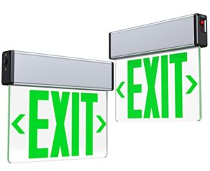 led edge lit exit sign aluminum housing ac 120-347v emergency exit light with battery backup single sided acrylic clear panel commercial exit signs, top/side/wall mount, ul certified (2 pack, green)