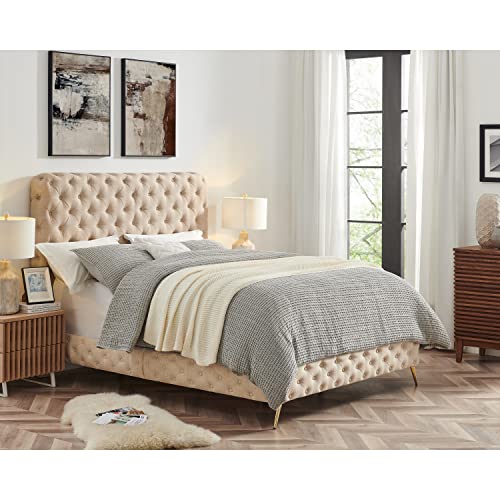 Rosevera Serento Upholstered Tufted Platform Bed, Upholstered Bed with Deep Button Tufting and Custom Gold Metal Legs, King Bed Frame, Easy Assembly, King, Beige