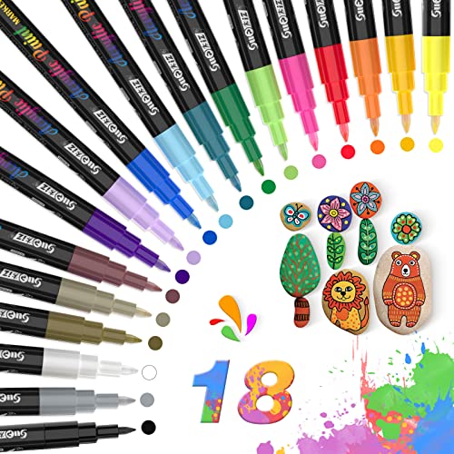 18 Colors Acrylic Paint Marker Pens for Rock Painting Fine Point Fabric , Wood , Canvas , Ceramic , Glass , Stone , Scrapbooking Supplies , Quick Dry Non Toxic No Odor Markers