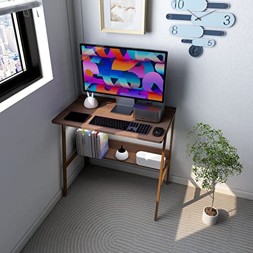 DEILALY Computer Desk Small Desk Wood Desk Metal Frame W31.5*D19*H29.5 Writing Table Study Desk Work Station with Storage Rack Gaming Desk Study Table Small Desk Home Office Bedroom Brown