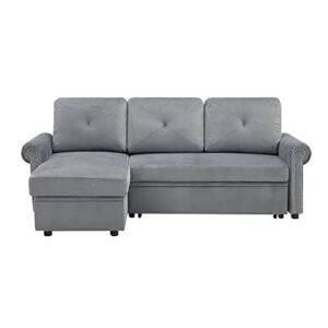 RUNWON 83" Sleeper Sofa Bed Convertible Sectional, 3-Seater L-Shape Corner Couch with Storage Chaise for Living Room Apartment, Gray