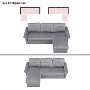 RUNWON 83" Sleeper Sofa Bed Convertible Sectional, 3-Seater L-Shape Corner Couch with Storage Chaise for Living Room Apartment, Gray