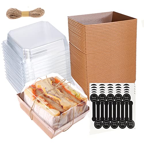 50 Pack Roll Cake Box with Lids Swiss Roll Containers Paper Charcuterie Boxes 5 Inch Oil-Proof Disposable Food Containers Brown Square Bakery Boxes for Cookies Sushi Muffin Pastry Sandwich with 50 Seal Stickers