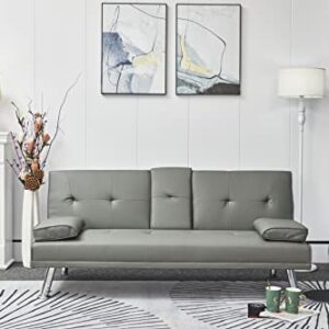 Morhome Leather Futon Bed Convertible Folding Couch for Living Room Sectional Sleeper Sofa for Small Space with Cup Holder and Removable Armrest Gray, Grey
