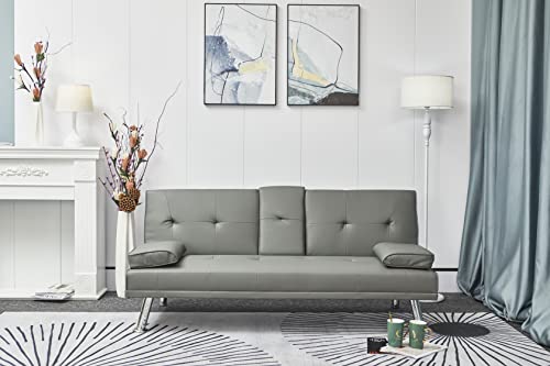 Morhome Leather Futon Bed Convertible Folding Couch for Living Room Sectional Sleeper Sofa for Small Space with Cup Holder and Removable Armrest Gray, Grey