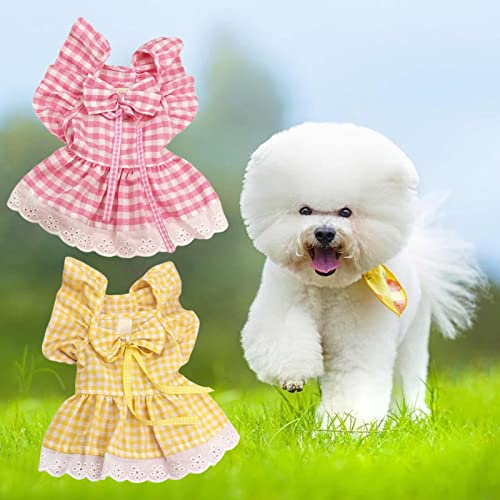 Pet Princess Dress - Dog Cat Sweet Dresses, Ruffle Sleeves Plaid Print Cat Princess Dress, Dog Clothes for Small Dogs Cats Puppy Pet Kitten Hot Pink XS