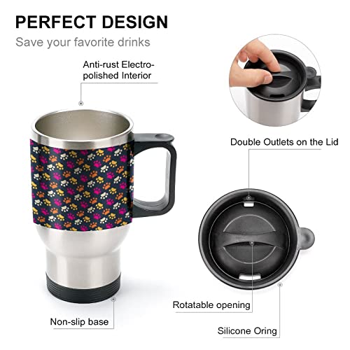 Colorful Dog Pawprints 14 Oz Travel Coffee Mug Stainless Steel Vacuum Insulated Cup with Lid