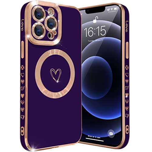 YKCZL Compatible with iPhone 13 Pro Max Case MagSafe, Luxury Plating Cute Heart Full Camera Lens Protection Magnetic Case for iPhone 13 Pro Max for Women Girls-Deep Purple