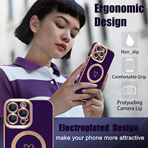 YKCZL Compatible with iPhone 13 Pro Max Case MagSafe, Luxury Plating Cute Heart Full Camera Lens Protection Magnetic Case for iPhone 13 Pro Max for Women Girls-Deep Purple