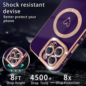 YKCZL Compatible with iPhone 13 Pro Max Case MagSafe, Luxury Plating Cute Heart Full Camera Lens Protection Magnetic Case for iPhone 13 Pro Max for Women Girls-Deep Purple