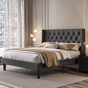 sha cerlin queen size platform bed frame with upholstered headboard and wingback, button tufted design, easy assembly, dark grey
