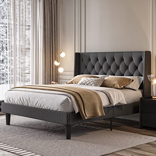 SHA CERLIN Queen Size Platform Bed Frame with Upholstered Headboard and Wingback, Button Tufted Design, Easy Assembly, Dark Grey