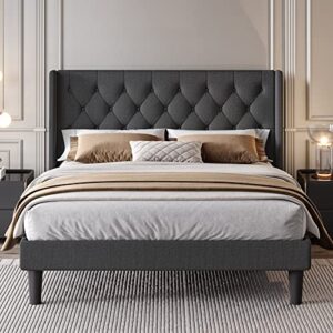 SHA CERLIN Queen Size Platform Bed Frame with Upholstered Headboard and Wingback, Button Tufted Design, Easy Assembly, Dark Grey